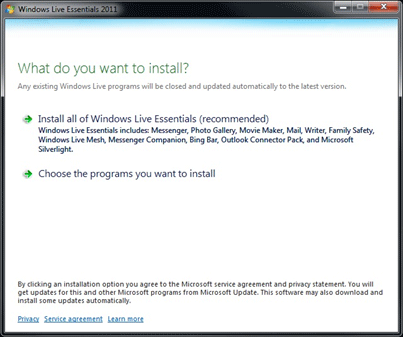 Windows Live Essentials Install Options
